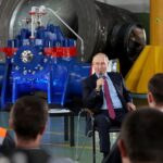 President Vladimir Putin addressing industrial workers during a visit linked to Russia’s Labor Productivity National Project